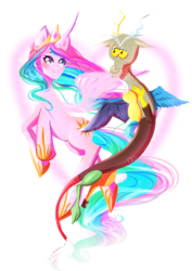 Size: 2480x3507 | Tagged: safe, artist:minamikoboyasy, discord, princess celestia, alicorn, draconequus, pony, g4, female, high res, male, mare, pinklestia, ship:dislestia, shipping, simple background, straight, transparent background