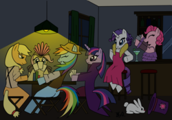 Size: 1600x1120 | Tagged: safe, artist:bronybiscuitbites, applejack, fluttershy, pinkie pie, rainbow dash, rarity, twilight sparkle, pony, g4, 1920s, 1930s, 20s, 30s, bar, bipedal, card, clothes, colored, dress, hat, mane six, poker