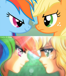 Size: 470x540 | Tagged: safe, artist:kgfantasy, applejack, rainbow dash, human, pony, fall weather friends, g4, duo, duo female, female, humanized, redraw, scene interpretation, screencap reference