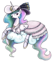 Size: 1100x1280 | Tagged: safe, artist:king-kakapo, princess celestia, alicorn, pony, g4, clothes, cloud, dress, feather, female, frilly dress, hat, mare, necklace, open mouth, shoes, simple background, smiling, socks, solo, transparent background