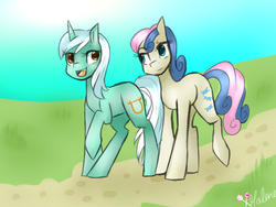 Size: 1024x768 | Tagged: safe, artist:rflzqt, bon bon, lyra heartstrings, sweetie drops, earth pony, pony, unicorn, g4, duo