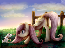 Size: 4334x3223 | Tagged: dead source, safe, artist:unilx, angel bunny, fluttershy, pegasus, pony, rabbit, g4, animal, face down ass up, female, male, mare