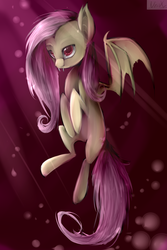 Size: 2223x3323 | Tagged: safe, artist:unilx, fluttershy, bat pony, pony, g4, fangs, female, flutterbat, high res, race swap, solo