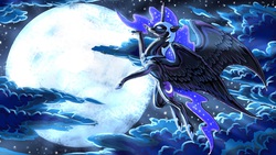 Size: 1280x723 | Tagged: safe, artist:aaros, nightmare moon, g4, cloud, cloudy, female, flying, moon, solo