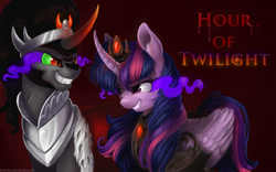 Size: 1024x640 | Tagged: safe, artist:dearmary, king sombra, twilight sparkle, alicorn, pony, g4, bevor, corrupted, couteau, croupiere, crown, curved horn, dark magic, digital art, fanfic art, female, horn, hour of twilight, jewelry, magic, male, mare, pauldrant, regalia, rerebrant, saddle, ship:twibra, shipping, sombra eyes, sombra's robe, straight, tack, tiara, twilight sparkle (alicorn), vambrant