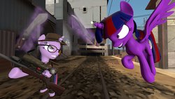 Size: 1024x576 | Tagged: safe, twilight sparkle, alicorn, pony, g4, 3d, brutalight sparcake, crossover, cutie mark, female, glasses, glowing horn, gmod, gun, hat, hooves, horn, levitation, magic, mare, optical sight, parody, rifle, self paradox, self ponidox, sniper, sniper (tf2), sniper rifle, team fortress 2, teeth, telekinesis, text, twilight sparkle (alicorn), weapon, wings