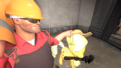 Size: 1024x576 | Tagged: safe, applejack, g4, 3d, crossover, engiejack, engineer, engineer (tf2), eyes closed, mouth hold, petting, smiling, source filmmaker, team fortress 2