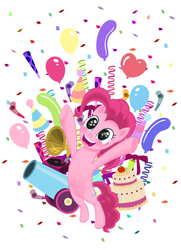 Size: 1364x1888 | Tagged: safe, artist:dannylim86, pinkie pie, g4, balloon, bipedal, cake, confetti, female, food, open mouth, party cannon, party horn, phonograph, simple background, solo, starry eyes, white background, wingding eyes