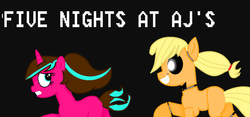 Size: 1006x469 | Tagged: safe, applejack, oc, five nights at aj's, g4, applefreddy, five nights at freddy's, glowing eyes, missing hat, running, solo