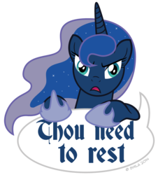 Size: 867x959 | Tagged: safe, artist:littlehybridshila, princess luna, alicorn, pony, g4, blackletter, female, go to bed, go to sleep, grammar error, simple background, solo, speech bubble, transparent background, ye olde butcherede englishe