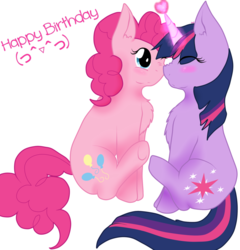 Size: 1024x1066 | Tagged: safe, artist:23ilsethewolf23, pinkie pie, twilight sparkle, g4, blushing, chest fluff, cute, eyes closed, female, glowing horn, heart, horn, lesbian, nuzzling, ship:twinkie, shipping, simple background, sitting, transparent background