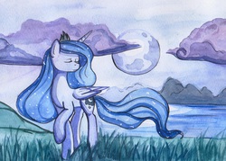 Size: 1000x715 | Tagged: safe, artist:wingykora, princess luna, g4, eyes closed, female, moon, night, raised hoof, solo, traditional art