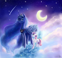 Size: 1209x1137 | Tagged: safe, artist:wingykora, princess luna, sweetie belle, alicorn, pony, unicorn, g4, crescent moon, dream walker luna, dreamscape, duo, female, filly, foal, mare, moon, stars