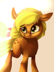 Size: 592x796 | Tagged: safe, artist:cofeik, applejack, g4, female, floppy ears, hatless, missing accessory, solo, younger