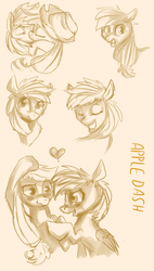 Size: 682x1201 | Tagged: safe, artist:cofeik, applejack, rainbow dash, g4, female, heart, kissing, lesbian, monochrome, ship:appledash, shipping, sketch dump, tongue out