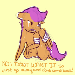 Size: 500x500 | Tagged: safe, artist:feathersandink, scootaloo, g4, ask, bandage, crying, female, injured, solo, that scootaloo, tumblr