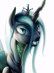 Size: 944x1259 | Tagged: safe, artist:michellka, queen chrysalis, changeling, changeling queen, g4, crown, detailed, fangs, female, jewelry, open mouth, regalia, solo, transparent wings, wings, wip
