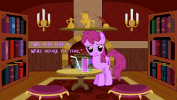 Size: 960x540 | Tagged: safe, edit, edited screencap, screencap, apple bloom, berry punch, berryshine, call of the cutie, g4, animated, drinking, female, orson welles, punch, punch bowl, purple text, sugarcube corner, wine