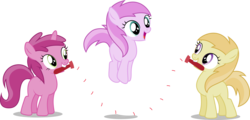 Size: 8191x3920 | Tagged: safe, artist:djdavid98, noi, piña colada, ruby pinch, earth pony, pony, unicorn, g4, lesson zero, .ai available, .svg available, absurd resolution, background pony, female, filly, foal, jumping, mouth hold, piña cutelada, simple background, smiling, transparent background, trio, vector