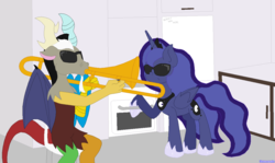 Size: 1159x690 | Tagged: safe, artist:thelunarmage, discord, princess luna, alicorn, draconequus, pony, g4, duo, female, kitchen, male, mare, musical instrument, oven, sunglasses, swag, trombone, vine video, when mama isn't home