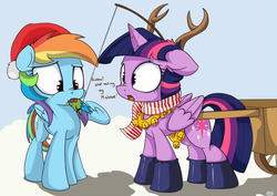 Size: 900x636 | Tagged: dead source, safe, artist:mistydash, rainbow dash, twilight sparkle, alicorn, pony, reindeer, g4, antlers, bells, boots, cart, clothes, duo, eating, female, floppy ears, hat, holly, holly mistaken for mistletoe, horses doing horse things, mare, nom, nose wrinkle, santa hat, scarf, this will end in tears and/or death, twilight sparkle (alicorn)
