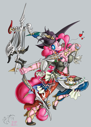Size: 1200x1680 | Tagged: safe, artist:melancholy, pinkie pie, earth pony, anthro, plantigrade anthro, g4, archery, arrow, bard, bard pie, bow (weapon), bow and arrow, clothes, crossover, female, final fantasy, final fantasy xiv, simple background, solo