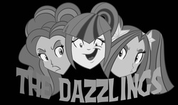 Size: 1024x605 | Tagged: safe, artist:mofetafrombrooklyn, color edit, adagio dazzle, aria blaze, sonata dusk, equestria girls, g4, black and white, black background, grayscale, monochrome, simple background, the dazzlings, the three stooges, trio
