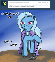 Size: 647x723 | Tagged: safe, artist:theparagon, trixie, pony, unicorn, ask trixie, g4, cape, clothes, female, highlander, mare, solo, there can be only one, trixie's cape, tumblr, wand