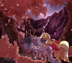 Size: 1280x1126 | Tagged: safe, artist:cigarscigarettes, oc, oc only, oc:alba, bat pony, pony, bracelet, castle, duo, lip bite, mountain, necktie, night, outdoors, partially open wings, scenery, unshorn fetlocks, waterfall, wings