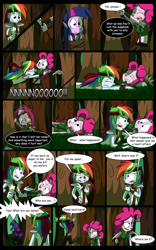 Size: 1024x1638 | Tagged: safe, artist:fj-c, pinkie pie, rainbow dash, twilight sparkle, human, equestria girls, g4, belly button, comic, dialogue, fantasy equestria, humanized, midriff, pony coloring