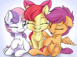 Size: 2700x2000 | Tagged: safe, artist:nobody47, apple bloom, scootaloo, sweetie belle, earth pony, pegasus, pony, unicorn, g4, adorabloom, bow, cute, cutealoo, cutie mark crusaders, diasweetes, eyes closed, female, filly, hair bow, high res, laughing, one eye closed, open mouth, smiling, trio, underhoof