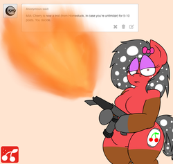 Size: 950x900 | Tagged: safe, artist:thecherrysodaaskblog, oc, oc only, oc:cherry soda, anthro, tumblr:thecherrysodaaskblog, angry, ask, bipedal, bow, breasts, chubby, denied, female, fire, flamethrower, freckles, hair bow, homestuck, looking at you, nudity, solo, tumblr, weapon, wide hips