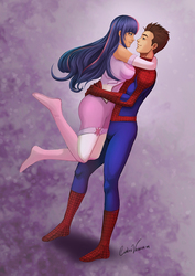Size: 842x1191 | Tagged: safe, artist:kermad, twilight sparkle, human, g4, amethyst sorceress, crossover, crossover shipping, embrace, hug, humanized, male, peter parker, shipping, spider-man, spiders and magic: rise of spider-mane, spidertwi, superhero