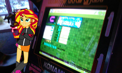Size: 1600x960 | Tagged: safe, sunset shimmer, equestria girls, g4, dance dance revolution, equestria girls in real life, irl, photo, ponies in real life, rhythm game, winter coat