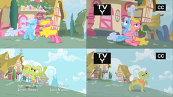 Size: 1280x720 | Tagged: safe, screencap, cherry berry, granny smith, linky, shoeshine, earth pony, pony, g4, sleepless in ponyville, the show stoppers, butt, female, mare, plot, tv rating, tv-y, walker, wat