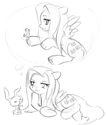 Size: 731x864 | Tagged: safe, artist:alloyrabbit, angel bunny, fluttershy, bird, g4, monochrome, paws, sketch, thought bubble