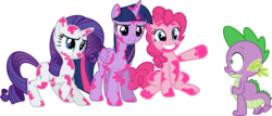 Size: 3581x1532 | Tagged: safe, artist:porygon2z, pinkie pie, rarity, spike, twilight sparkle, alicorn, pony, g4, cooties, female, mare, reference, scared, simple background, smiling, teen titans go, transparent background, twilight sparkle (alicorn), vector, wallpaper