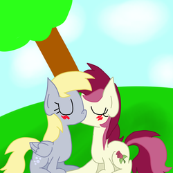 Size: 999x999 | Tagged: safe, artist:mmdfantage, derpy hooves, roseluck, pegasus, pony, g4, blushing, derpyluck, eyes closed, female, kissing, lesbian, mare, shipping, sitting, sky, tree