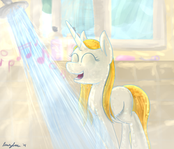 Size: 1280x1097 | Tagged: safe, artist:lumenglace, oc, oc only, oc:stella lux, ask stella lux, shower, singing, solo, wet mane