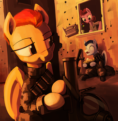 Size: 2000x2047 | Tagged: safe, artist:dimfann, soarin', spitfire, g4, ammunition, ammunition belt, boots, bullet hole, clothes, dimfann's war universe, female, gun, high res, licking lips, male, military, military uniform, pie, ship:soarinfire, shipping, smiling, straight, that pony sure does love pies, war, weapon, wonderbolts