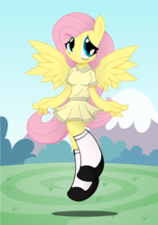 Size: 700x1000 | Tagged: safe, artist:basilloon, fluttershy, anthro, g4, clothes, dress, female, solo