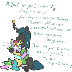 Size: 800x800 | Tagged: safe, artist:jargon scott, queen chrysalis, oc, oc:mismatch, g4, clothes, cork, dialogue, frankenpony, frankenstein's monster, horn, horn guard, hug, mister rogers, mister rogers' neighborhood, queen chrysalis' neighborhood, ragdoll, sweater