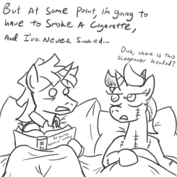 Size: 800x800 | Tagged: safe, artist:jargon scott, twilight sparkle, oc, oc:mismatch, pony, g4, book, dialogue, dusk shine, frankenpony, frankenstein's monster, implied sex, monochrome, pillow, rule 63, sleepover