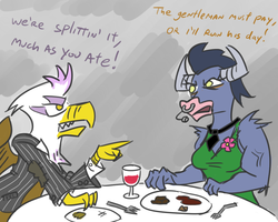 Size: 1000x800 | Tagged: safe, artist:jargon scott, gilda, iron will, griffon, g4, argument, dialogue, dinner, guilder, restaurant, rule 63, steel magnolia