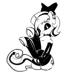 Size: 2300x2300 | Tagged: safe, artist:qweeli, oc, oc only, oc:lilith, pony, unicorn, butt, clothes, collar, eyes closed, female, high res, horn, latex, mare, monochrome, plot, solo, stockings, underhoof