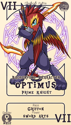 Size: 800x1399 | Tagged: safe, artist:vavacung, oc, oc only, oc:optimus prime knight, griffon, comic:crazy future, action pose, griffon oc, griffonized, looking at you, male, optimus prime, pactio card, solo, species swap, stallion, sword, transformers, weapon