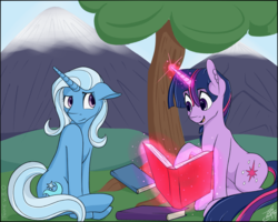 Size: 1024x819 | Tagged: safe, artist:tlatophat, trixie, twilight sparkle, pony, unicorn, g4, book, duo, female, lesbian, mare, ship:twixie, shipping