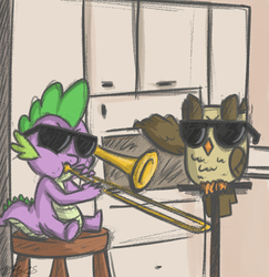 Size: 821x845 | Tagged: safe, artist:nolycs, owlowiscious, spike, bird, dragon, owl, g4, duo, glasses, meme, musical instrument, stool, sunglasses, swag, trombone, vine video, when mama isn't home