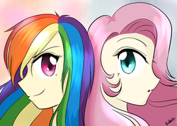 Size: 1454x1035 | Tagged: safe, artist:riouku, fluttershy, rainbow dash, human, g4, duo, humanized