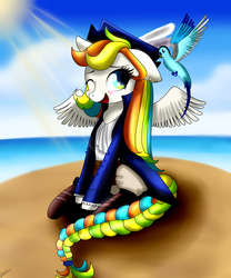 Size: 5000x6000 | Tagged: safe, artist:riouku, oc, oc only, oc:lilly cheese, bird, pony, absurd resolution, blushing, female, island, mare, ocean, pirate, solo